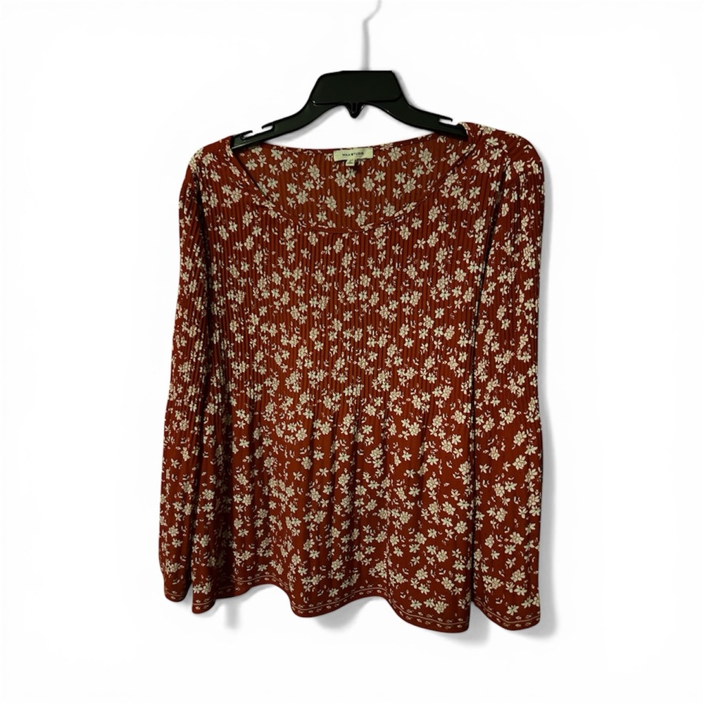 Max Studio Rust Floral Long-Sleeve Smocked Yoke Top
